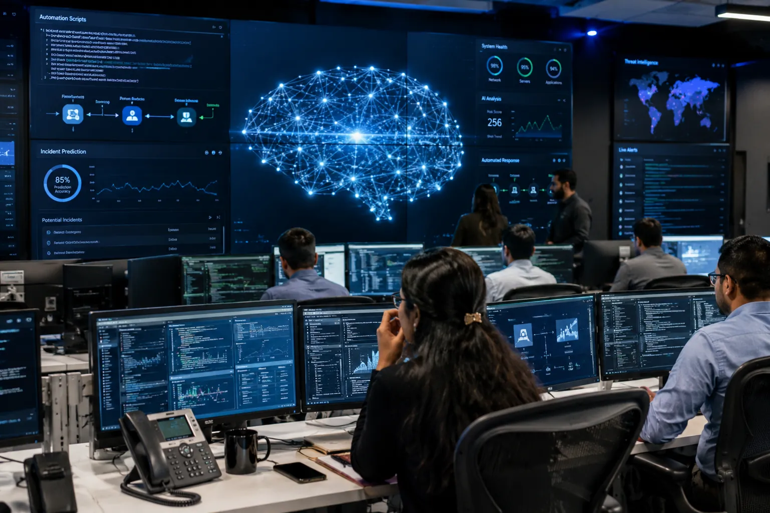 AI-driven IT operations dashboard showing predictive analytics and automated remediation