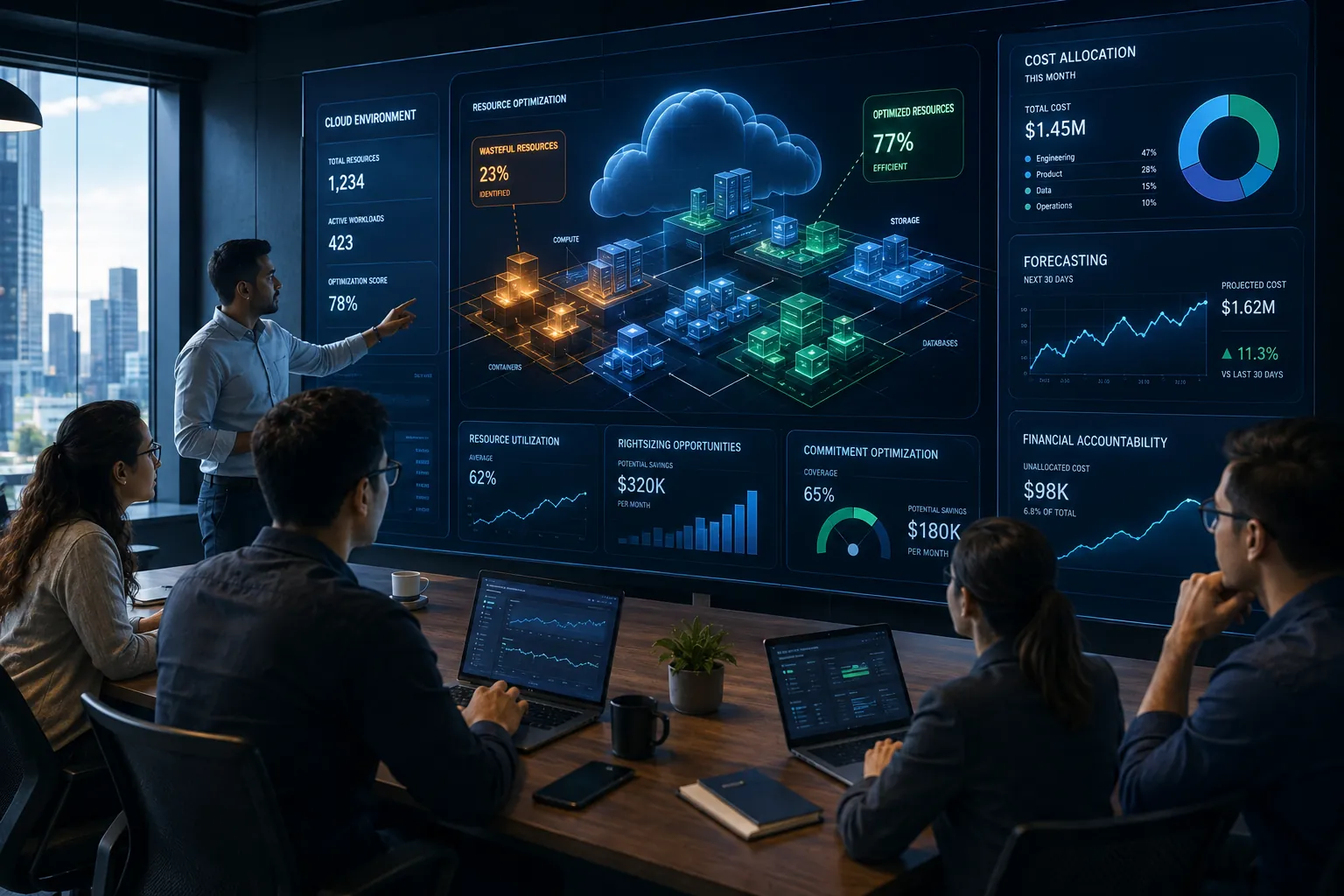 FinOps dashboard showing cloud cost allocation, optimization recommendations, and budget tracking