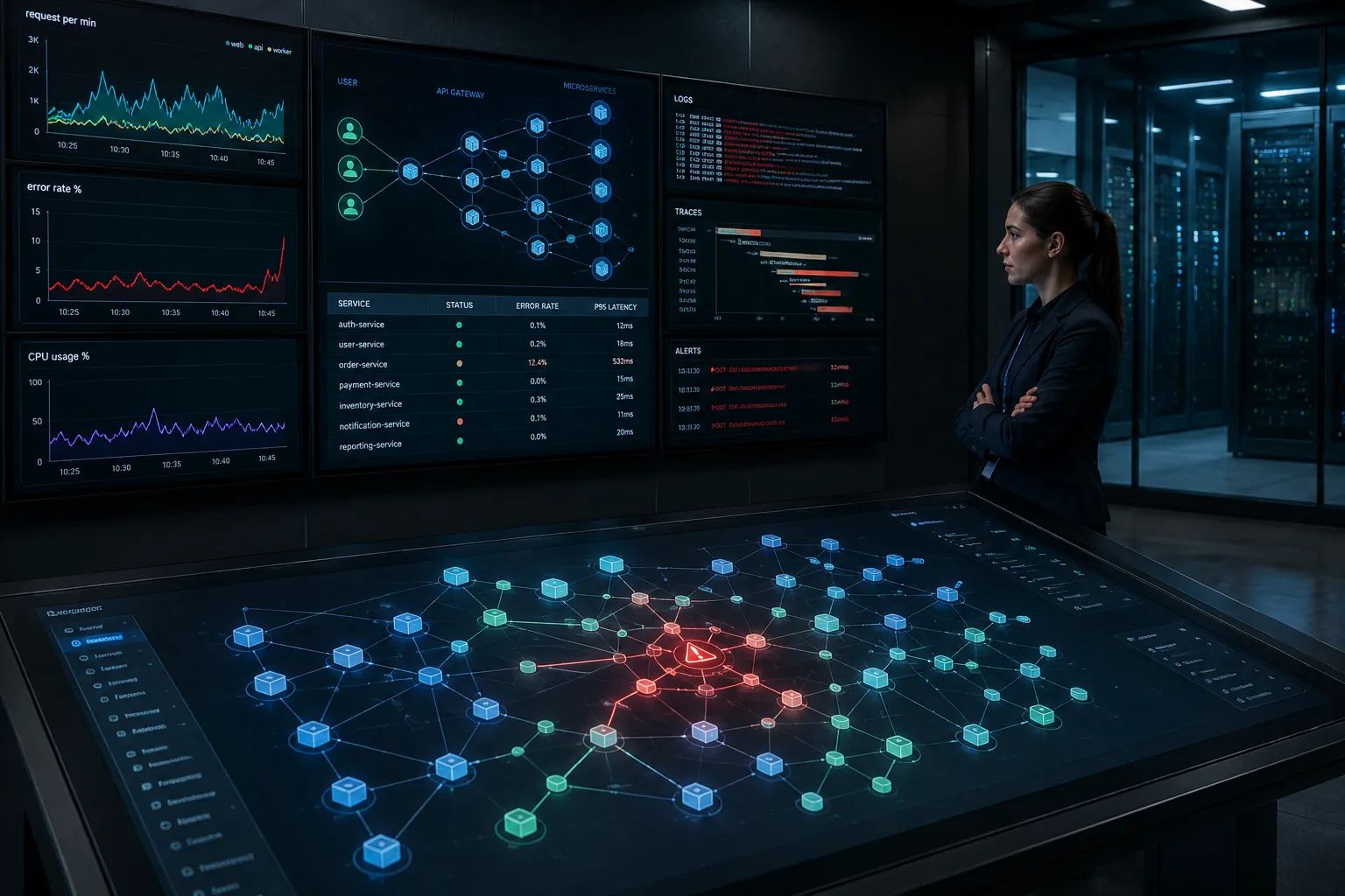 Observability architecture correlating logs, metrics, and traces for complete system visibility